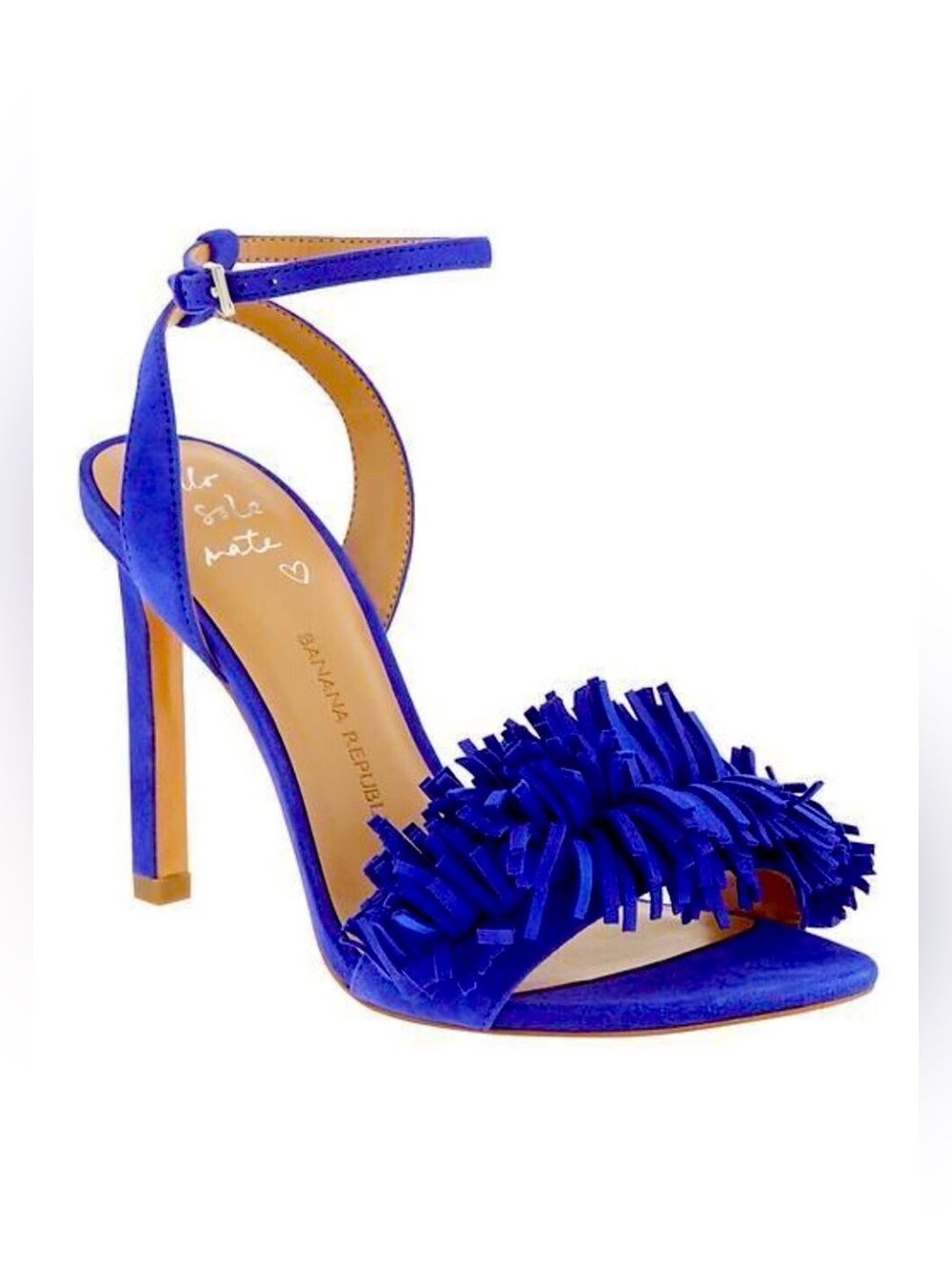 New BANANA REPUBLIC Honey Fringe Suede Stiletto Sandals Neon Cobalt Blue 6.5